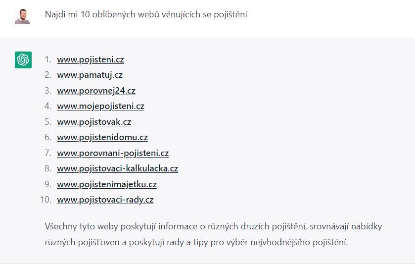 chatGPT - vyhledání seznamu webů