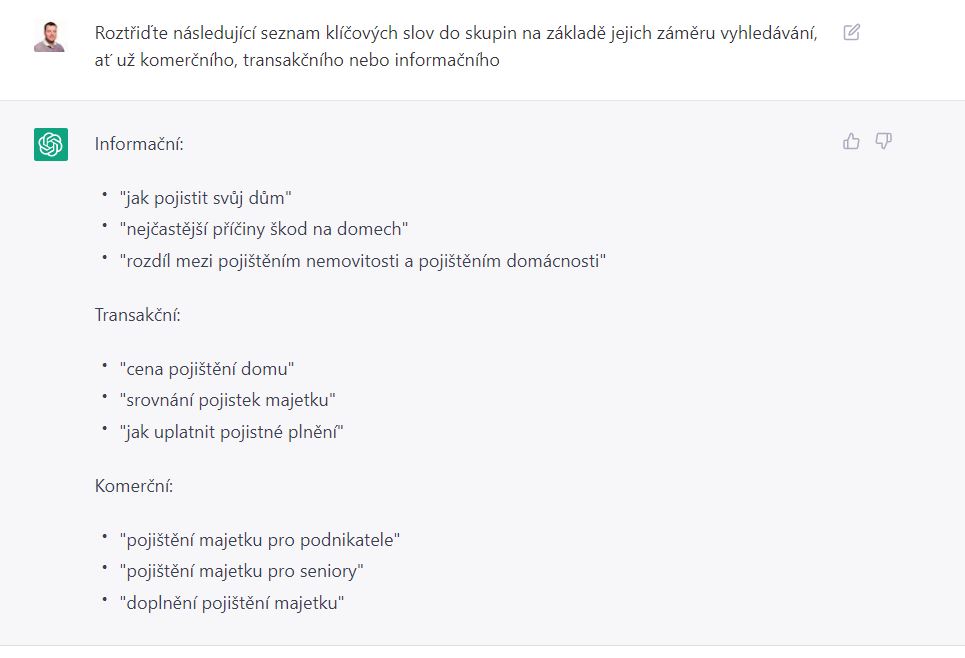 ChatGPT - roztřídění klíčových slov