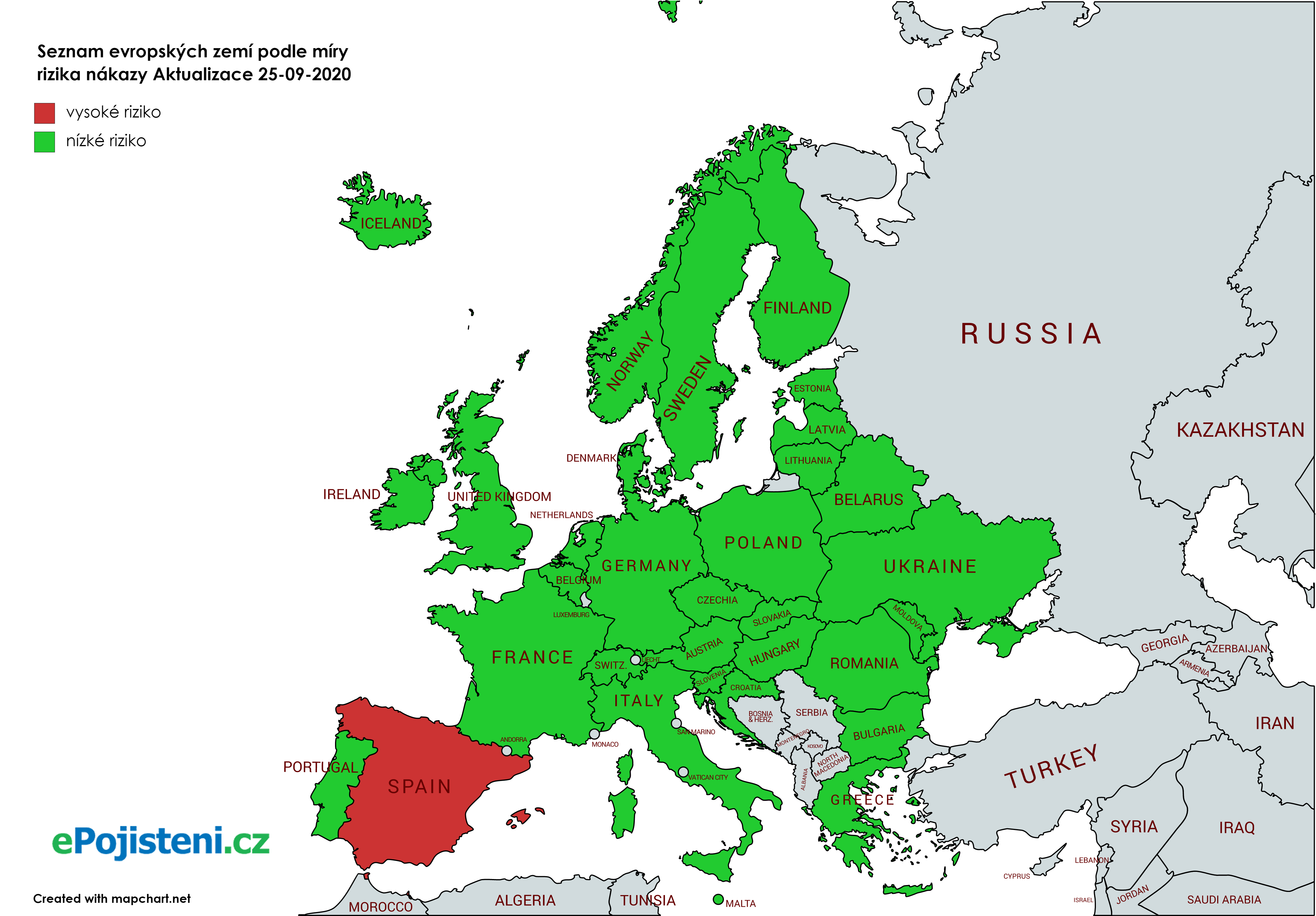 Míra nákazy v Evropě - mapa