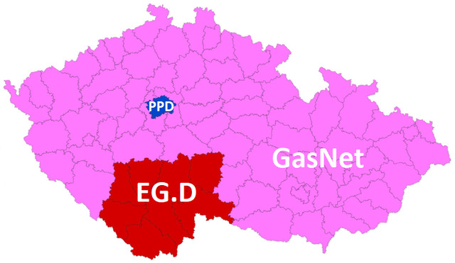 Mapa ditribučních území - plyn